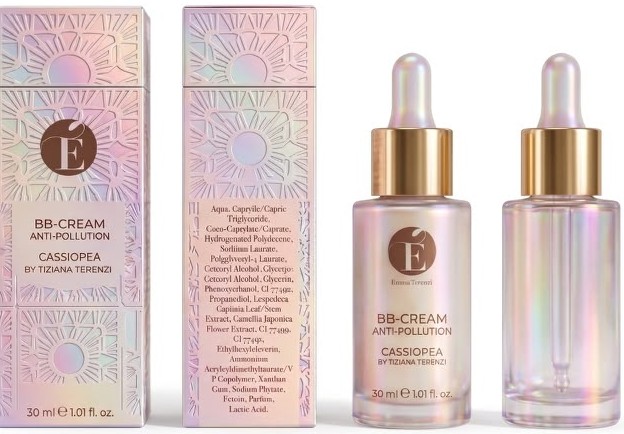 The BB Cream box, front and side, and the glass dropper bottle, full and empty