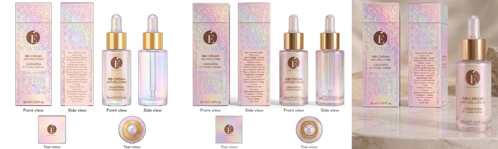 BB Cream Anti-Pollution packaging views: box and dropper bottle, front, side and top, two colourways and a styled render