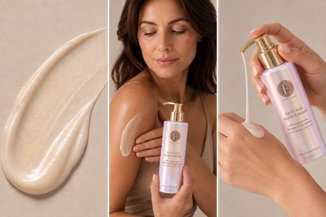 Body cream swatch, application to the shoulder, and a pump dose onto the palm