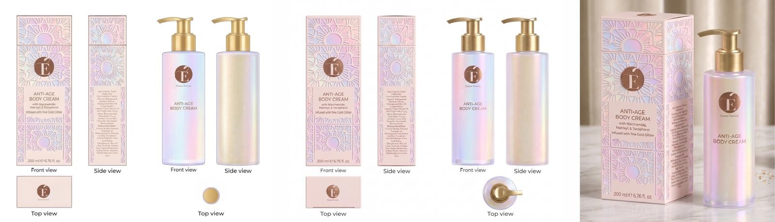 Anti-Age Body Cream packaging views: box and pump bottle, front, side and top, two colourways and a styled render
