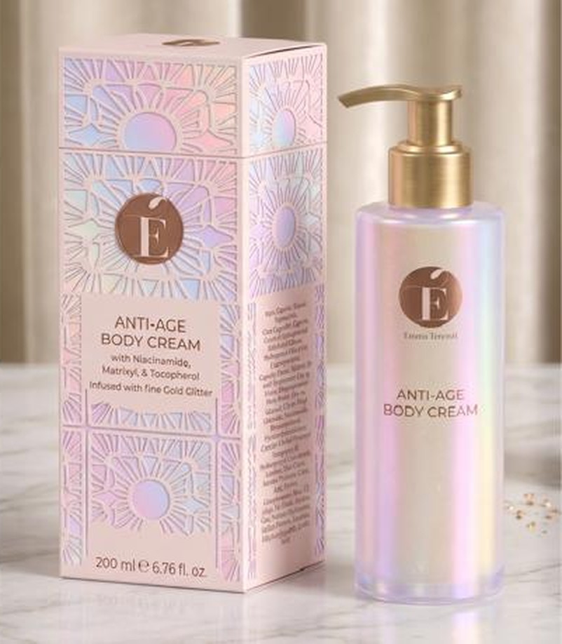 Anti-Age Body Cream 200 ml pump bottle with its pink embossed box, new É Emma Terenzi packaging
