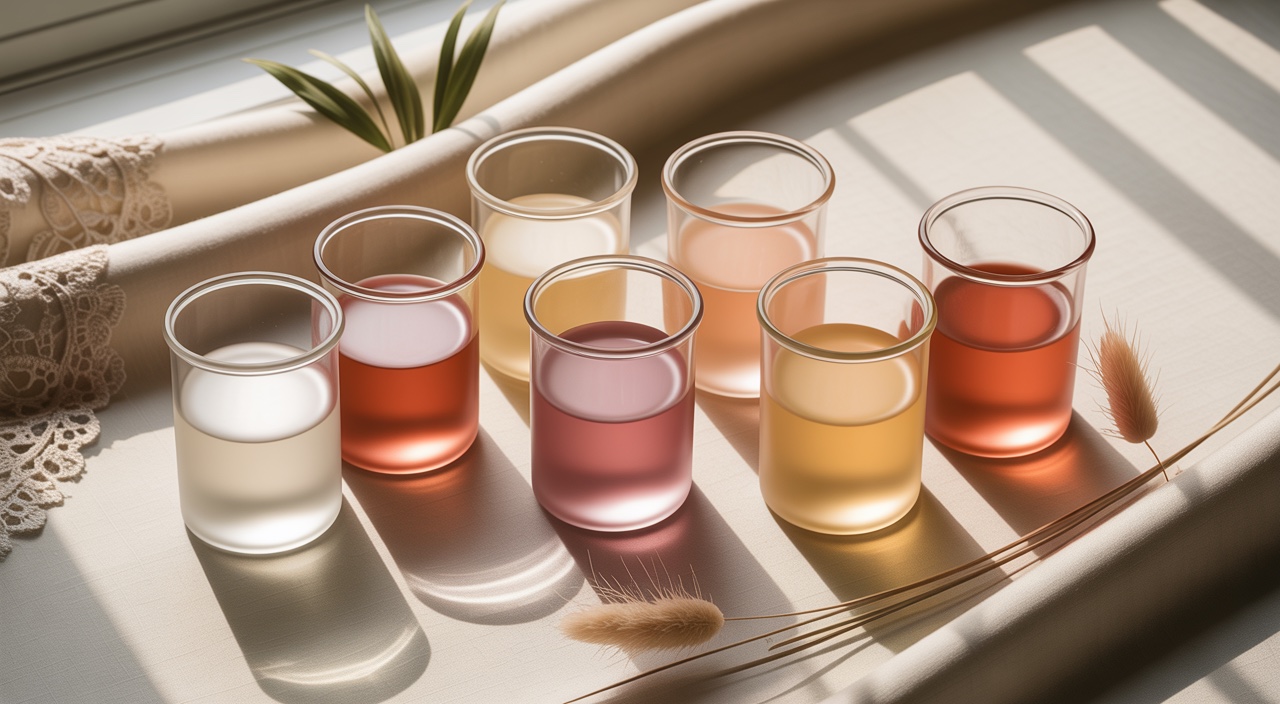 Seven small identical frosted-glass beakers arranged in a curve on cream linen, each holding a slightly different creamy emulsion
