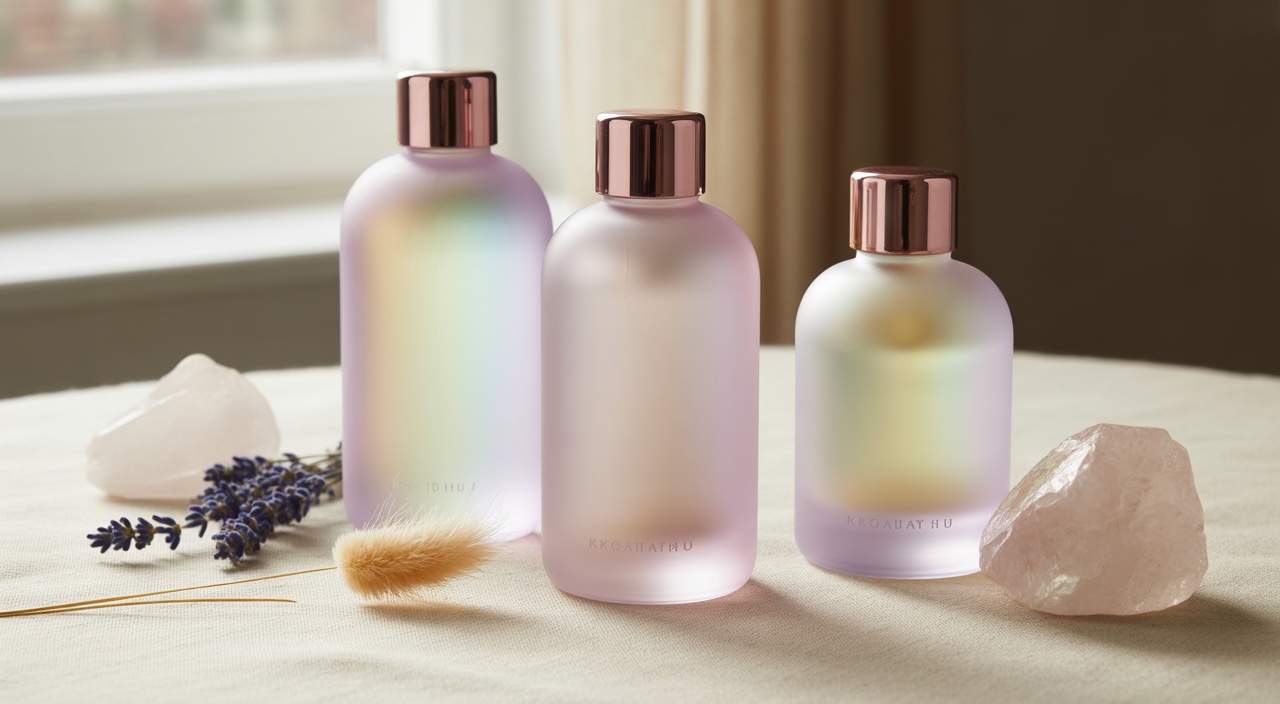Three iridescent frosted-glass EMMAT bottles arranged on cream linen with dried lavender, bunny-tail grass and a natural quartz crystal — editorial closing still life