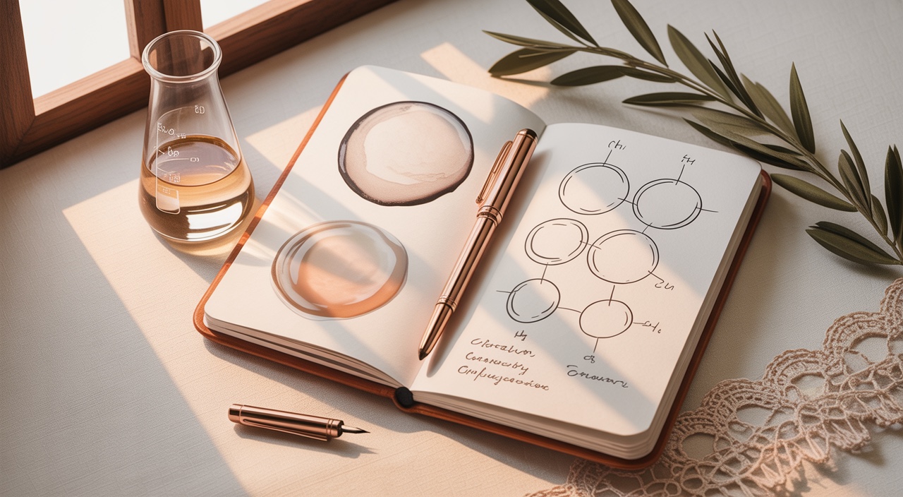 Notebook with hand-drawn emulsion diagrams, a fountain pen and a small beaker with an emulsion swatch on cream linen