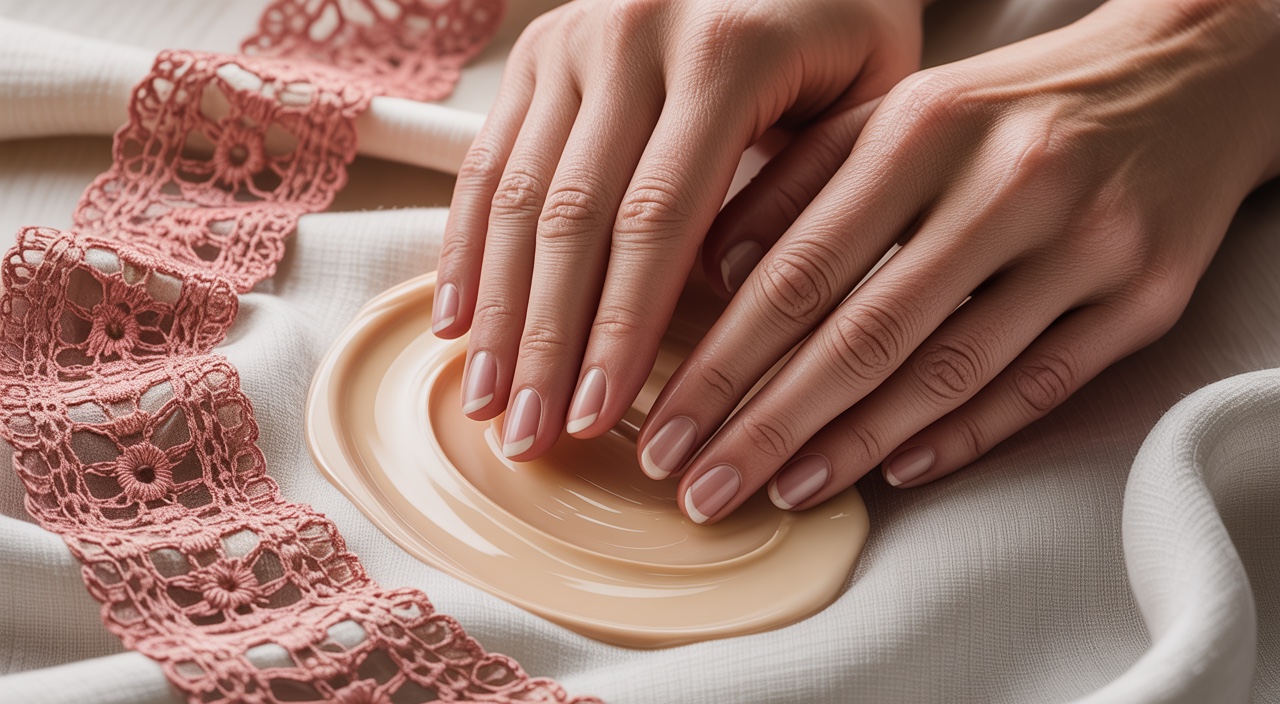 Close-up of hands rubbing a creamy emulsion between fingertips on cream linen with a crochet-lace edge