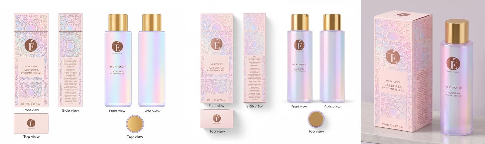 Milky Toner packaging views: box and bottle, front, side and top, two colourways and a styled render