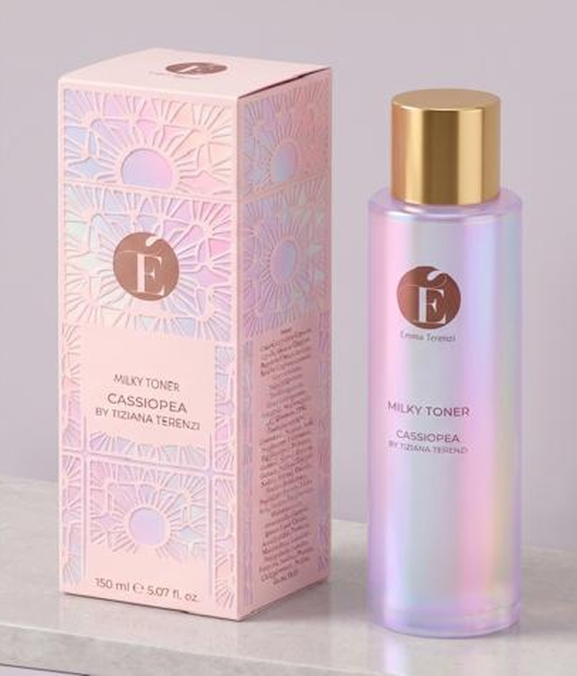 Milky Toner 150 ml bottle with gold cap and its pink embossed box, new É Emma Terenzi packaging