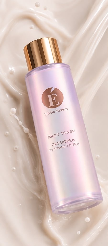The Milky Toner bottle resting in a pool of milk