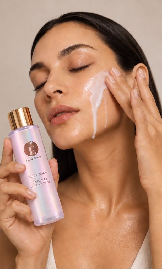 The milky toner patted onto the cheek