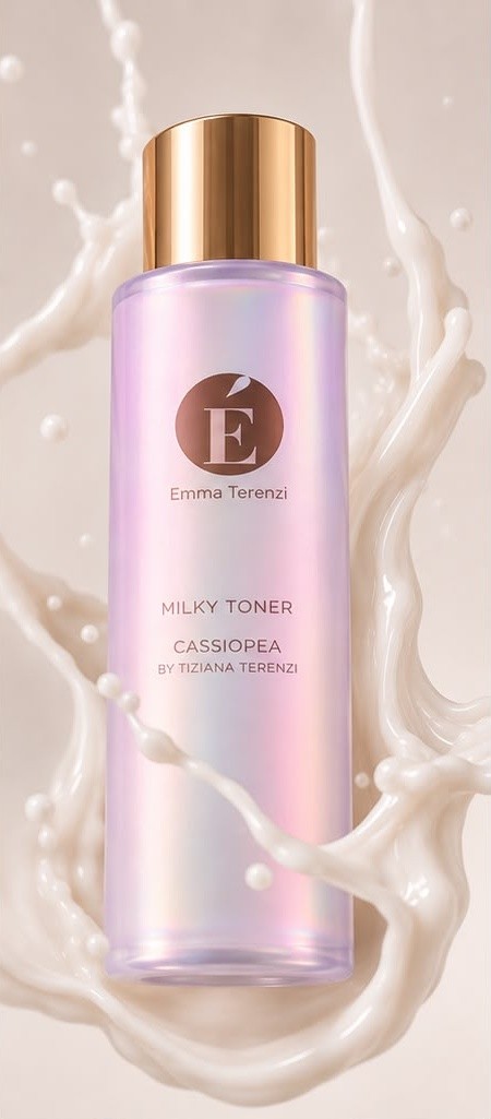 The Milky Toner bottle in a milk splash