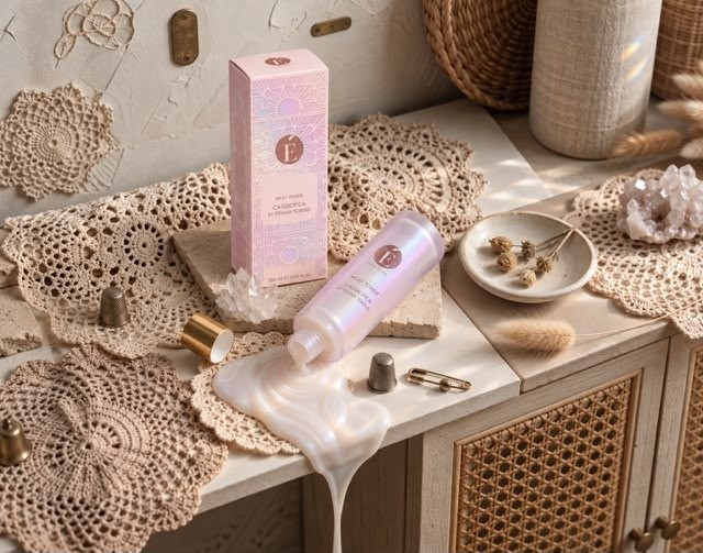 Box and bottle on a sideboard dressed with crochet lace