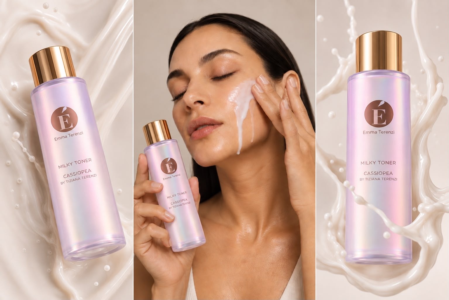 EMMAT Cassiopea Milky Toner: the bottle resting in milk, the toner applied to the face, the bottle in a milk splash