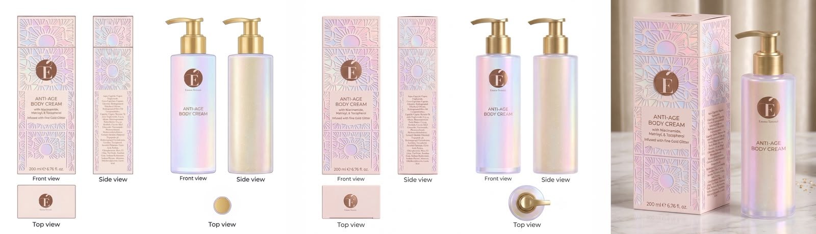 Anti-Age Body Cream packaging views: the box and the pump bottle from the front, side and top in two colourways, beside the styled shot of box and bottle together
