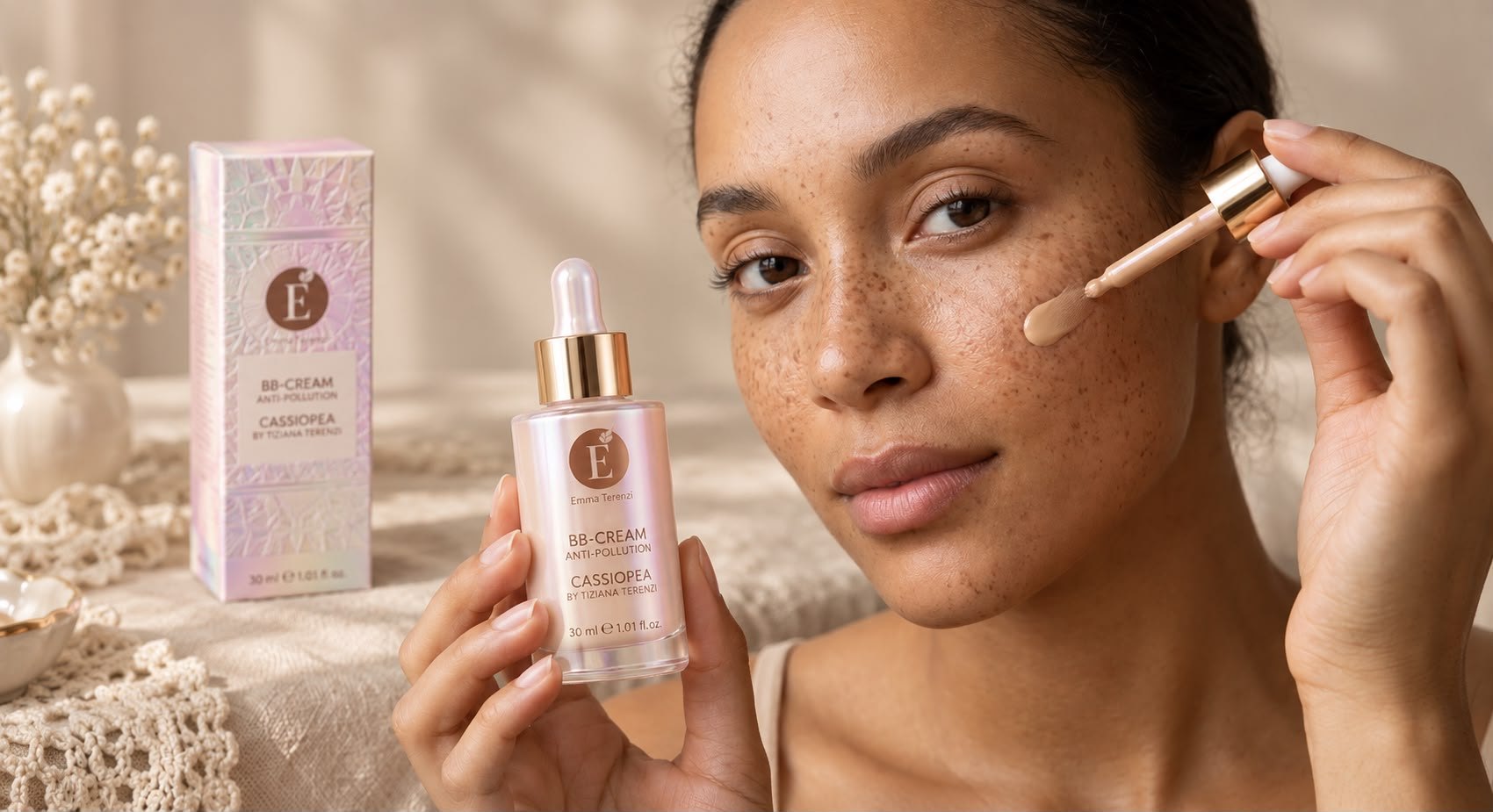 BB Cream Anti-Pollution held beside the face, dropper on the cheek