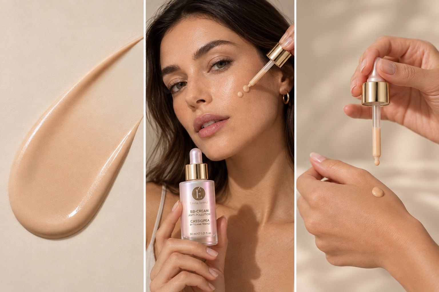 BB Cream swatch, application with the dropper, and a blended dot on the back of the hand